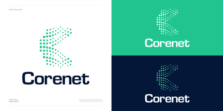 Creative letter initial C tech logo icon design with dots or dotted circle shape for global technology and symbol digital business company, or biotic sign, vector illustration template editable