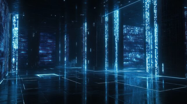 Futuristic blue digital data center with glowing lines and code.