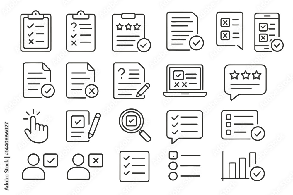 Poster icons representing various forms of assessments and user feedback collection process in professional