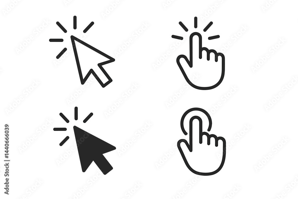 Poster various cursor and hand icons designed for digital interaction in modern user interfaces and applica