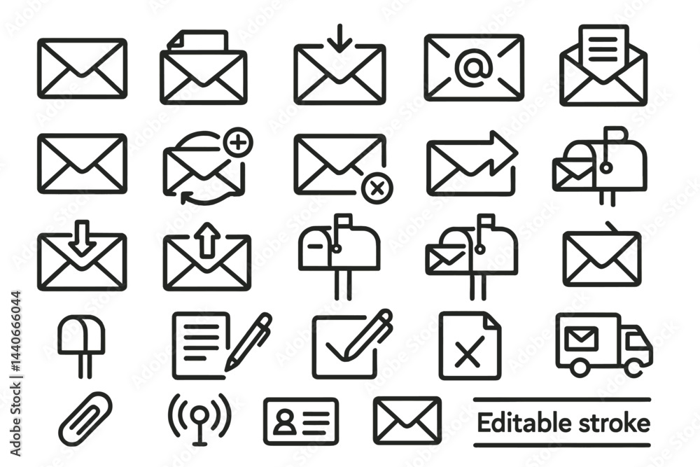 Poster collection of envelope icons illustrating email communication, mailbox activities, and document hand