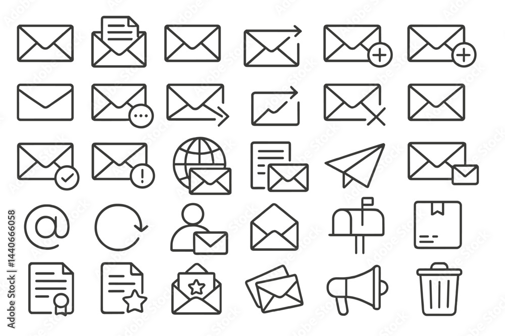 Poster collection of various envelope and email icons representing communication concepts and digital inter