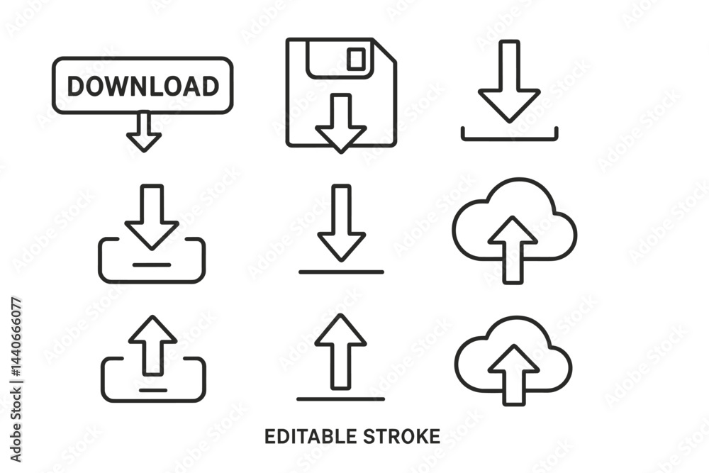 Poster variety of download icons featuring cloud and arrow designs in a minimalist style for digital applic