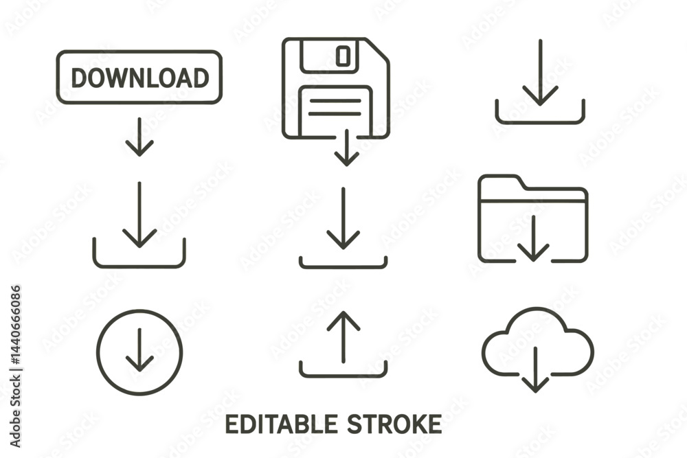 Poster various download icons depicted in minimalist style illustrating different file management actions a