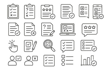 Icons representing various forms of assessments and user feedback collection process in professional settings
