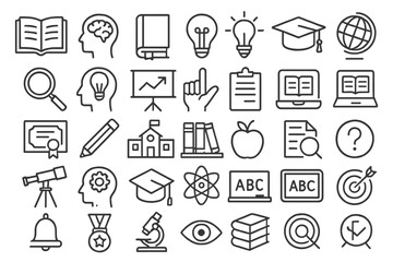 Collection of educational icons showcasing learning, knowledge, and academic concepts in a minimalist design