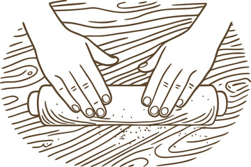 hands rolling dough with pin on wooden surface baking preparation in kitchen, handcrafted pastry making