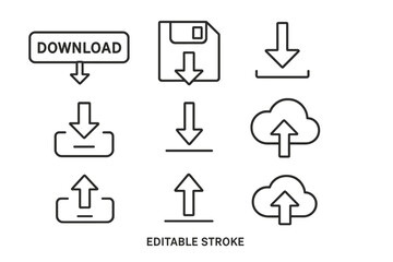 Variety of download icons featuring cloud and arrow designs in a minimalist style for digital applications and interfaces