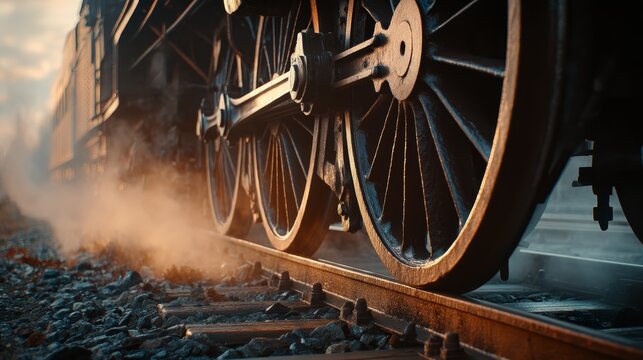 Steam train wheels in motion on sunrise railway track with atmospheric steam