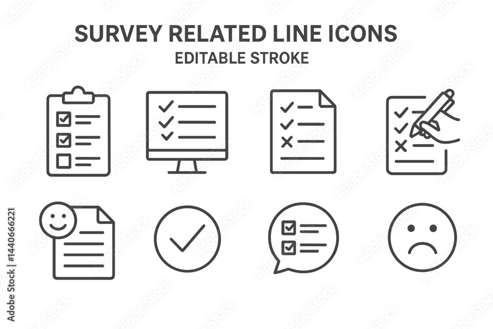 Poster collection of survey-related line icons depicting checklists, screens, and writing tools for data ga