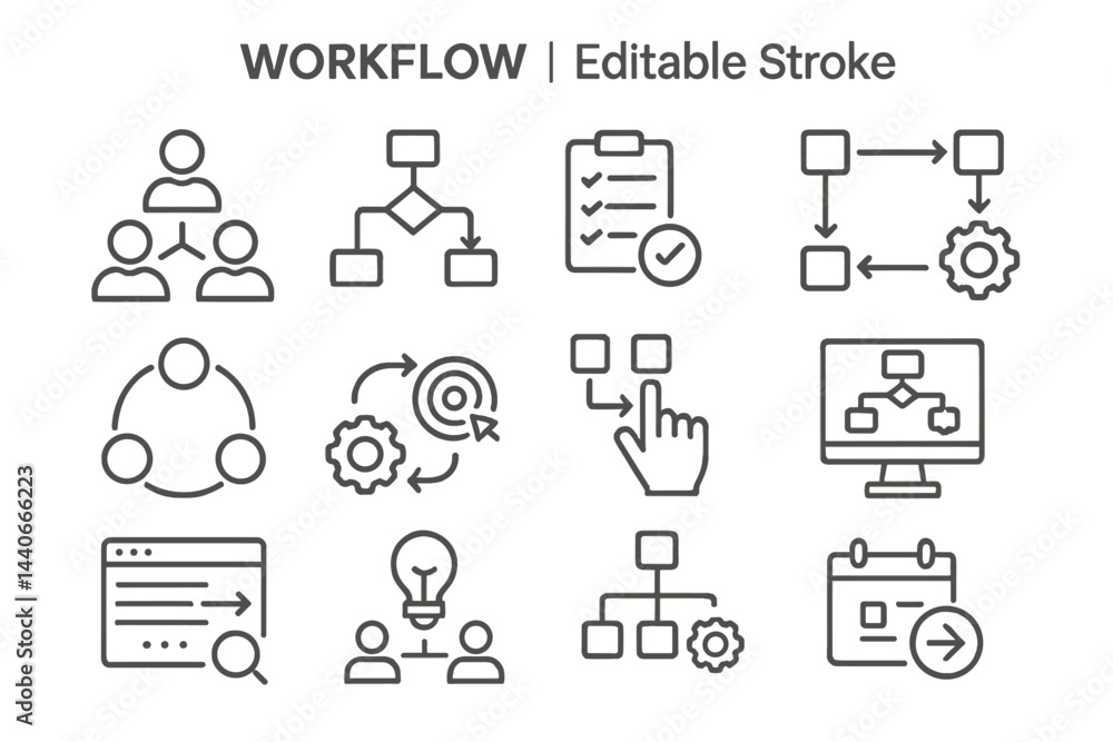 Poster workflow icons depicting teamwork, planning, and process management in an organized layout for busin