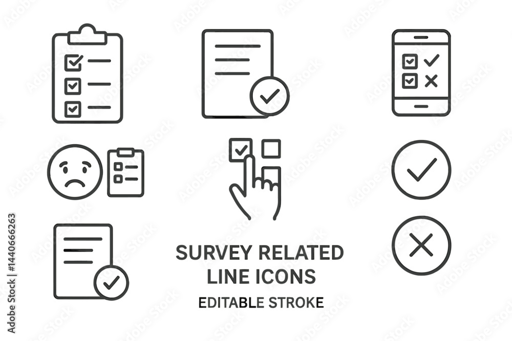 Aufkleber collection of survey related line icons for digital applications and print materials