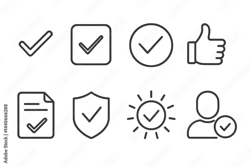 Poster check marks and symbols represent approval and completion in a simple design for various application
