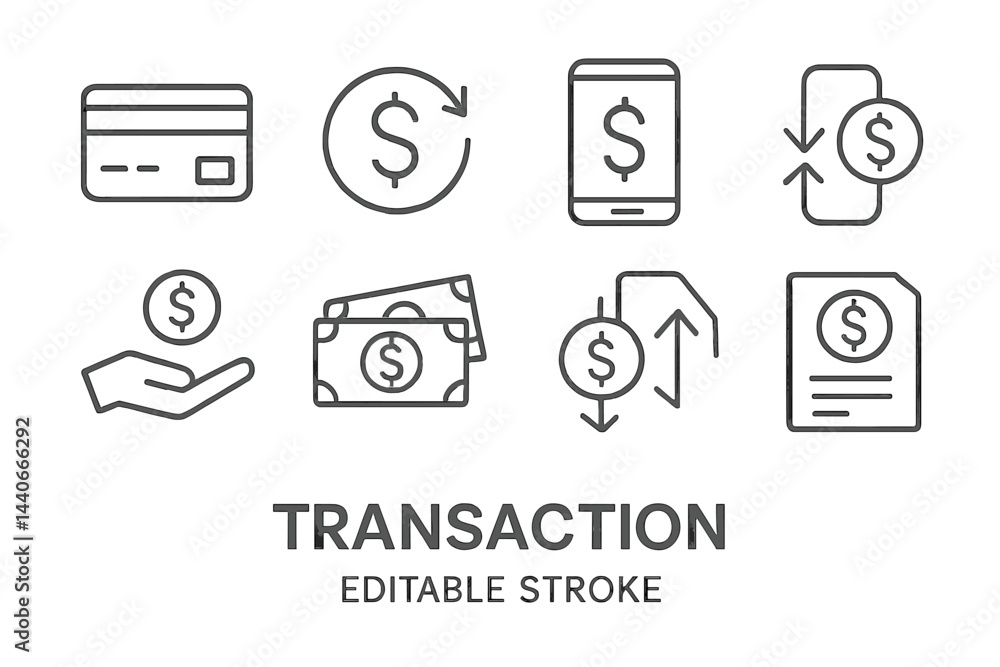 Poster illustrations of financial transactions showcasing various payment methods and dollar symbols in a m
