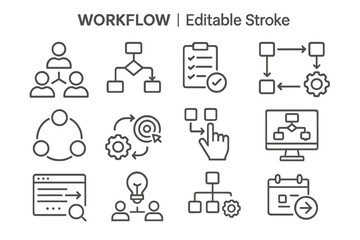 Workflow icons depicting teamwork, planning, and process management in an organized layout for business use