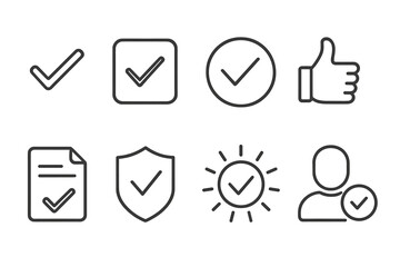 Check marks and symbols represent approval and completion in a simple design for various applications