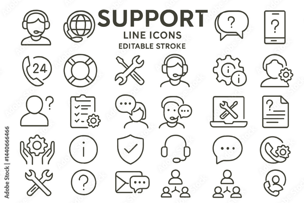 Poster support icons collection features various assistance symbols in a minimalist design for service cont