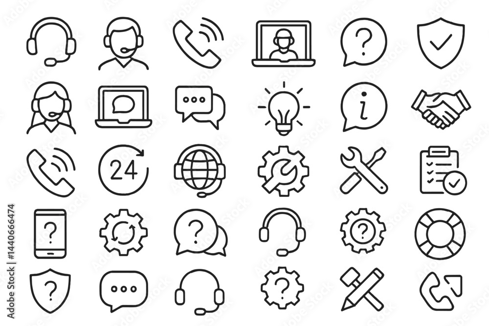 Poster various icons representing customer service themes in a simple, modern design with a focus on assist