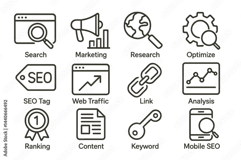 Poster visual representation of digital marketing concepts highlighting seo, web traffic, and content optim