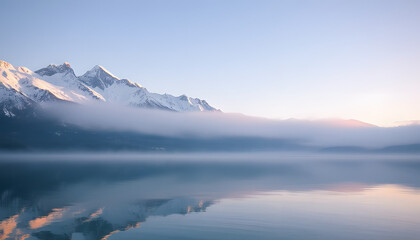 Obraz premium Serene snow-capped mountains reflected in calm misty lake at soft sunrise with peaceful natural atmosphere