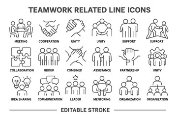 Teamwork concepts illustrated through line icons highlighting unity, collaboration, support, and communication in diverse activities