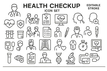 Health checkup icon set showcasing various medical and healthcare symbols for wellness and diagnosis