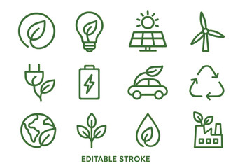 Eco-friendly icons representing sustainable energy sources and environmental preservation concepts