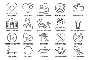 Icons representing concepts of recovery, healing, and support in addiction treatment programs and mental health awareness