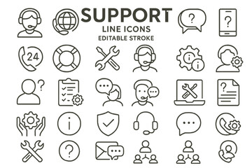 Support icons collection features various assistance symbols in a minimalist design for service contexts