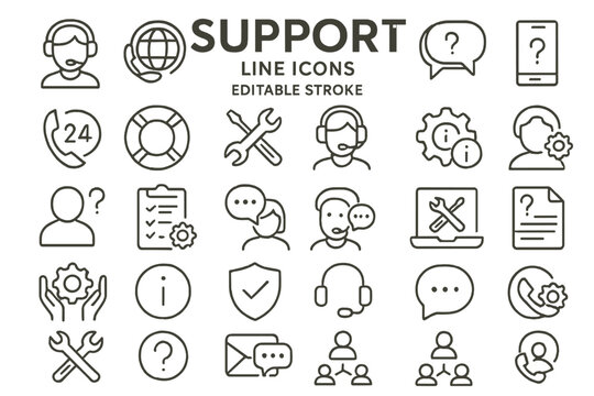 Support icons collection features various assistance symbols in a minimalist design for service contexts