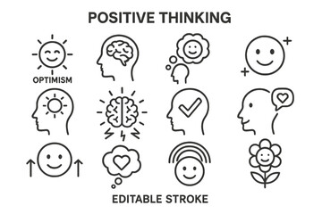 Positive thinking concept illustrated with simple line drawings showing optimism and mindfulness in various expressions and forms
