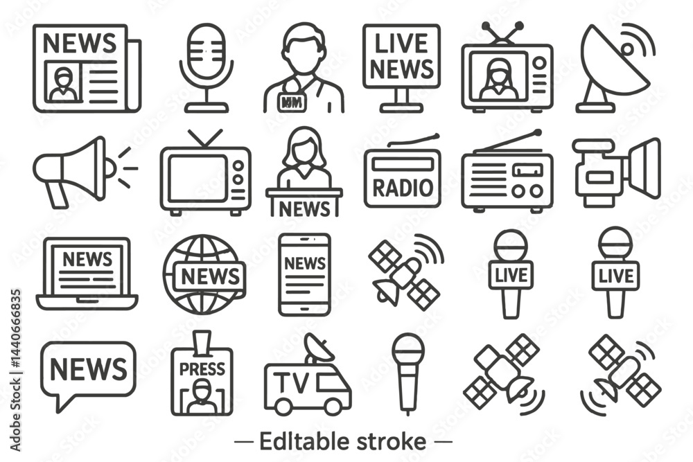 Poster news media icons representing various platforms and broadcasting technologies in a minimal design st
