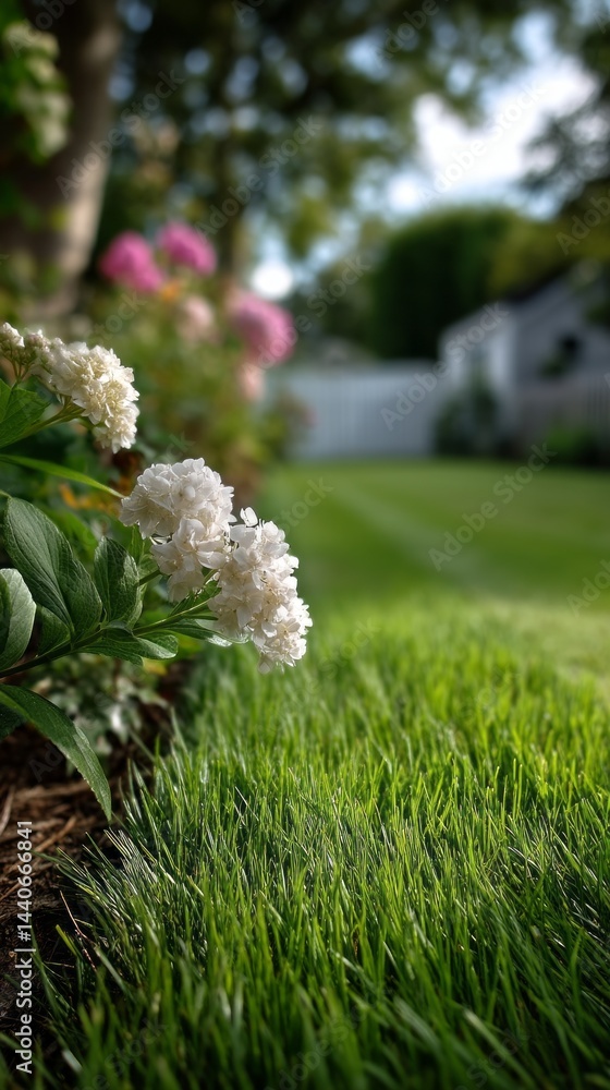 Poster a lush green lawn spreads across the yard, interspersed with blooming flowers in various colors. the