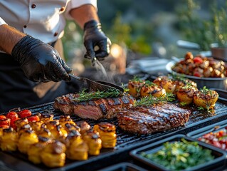 Chef expertly grilling succulent steaks and gourmet side dishes on an outdoor grill, perfect for summer barbecue parties and delicious culinary creations.