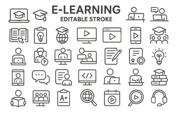 Collection of e-learning icons illustrating education, technology, and online learning concepts in a minimalistic design