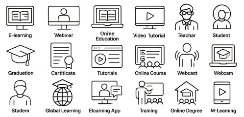 Online education icons showcasing various aspects of e-learning and digital learning environments for students and teachers