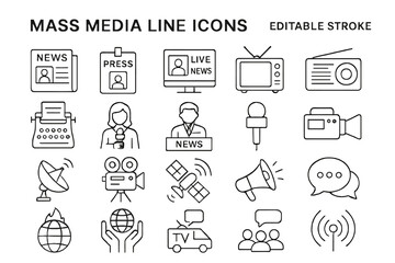 Collection of mass media icons depicting various forms of news, communication, and broadcasting tools