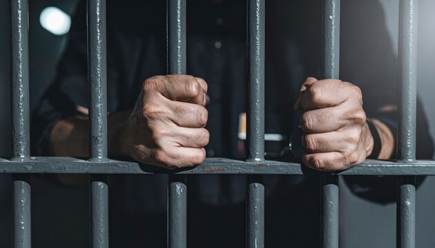 Closeup image of hands reaching out through jail bars, symbolic of imprisonment or confinement. Suitable for justice, law, crime concepts.