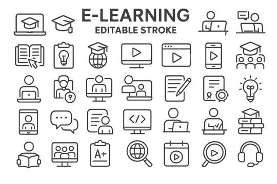Collection of e-learning icons illustrating education, technology, and online learning concepts in a minimalistic design