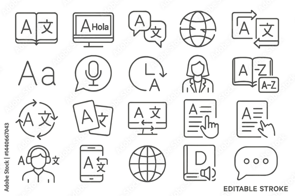 Poster symbols and icons representing language learning and translation activities across different platfor