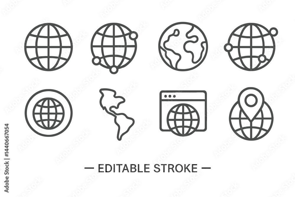 Poster collection of global icons representing earth, connectivity, and navigation in minimalist design sty