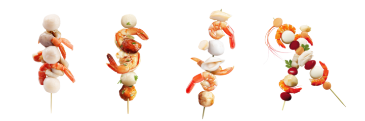 Set of Mixed Seafood Skewer with Shrimp and Fish Balls, on White or transparent background