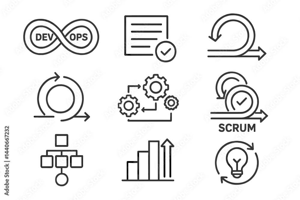 Poster conceptual illustrations of devops, agile methodologies, and project management practices for softwa