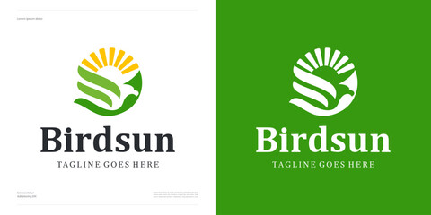Creative ideas sun bird logo design, flying bird combination with half sunburst icon, Hummingbird, Falcon, Eagle, Hawk, with green color for animal landscape nature, Modern symbol vector inspiration