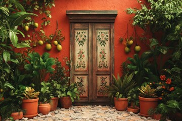 Ornate, wooden doorway framed by vibrant, lush greenery.