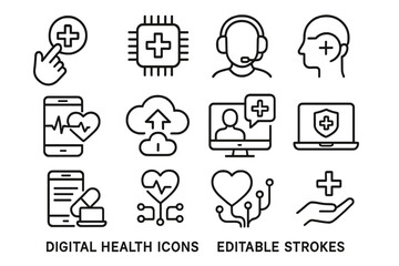 Fototapeta premium Collection of digital health icons showcasing various aspects of telemedicine and healthcare technology