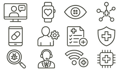 Health technology icons illustrating telemedicine, wearables, and health management tools in a digital environment
