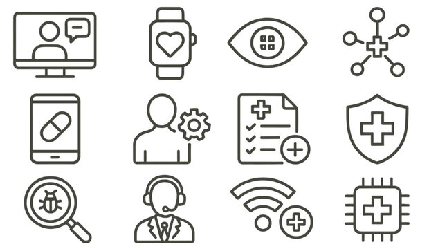 Health technology icons illustrating telemedicine, wearables, and health management tools in a digital environment