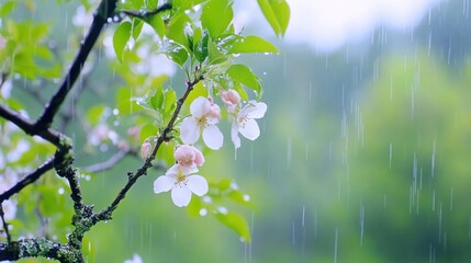 Blooming tree in soft rain