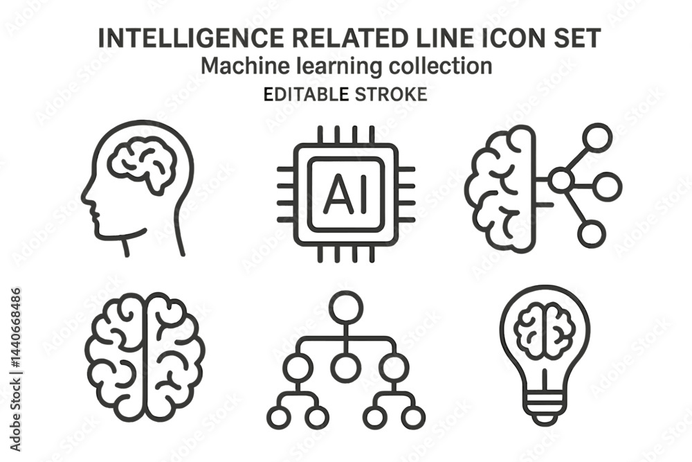 Poster collection of machine learning icons illustrating artificial intelligence concepts in a modern desig